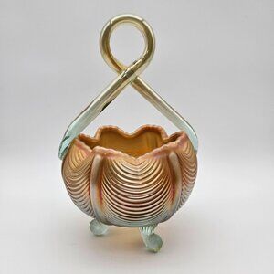 Fenton Aqua Marigold Carnival Glass Drapery 9" Footed Rose Bowl Basket